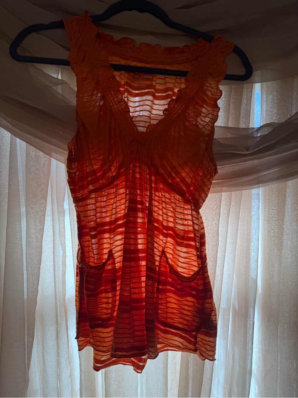 DKNY Striped Sheer Tank in Orange Red